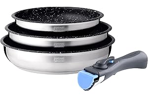 Arthur Martin AM9728 Set de 3 poêles avec revethement anti adhérent Acier Inoxydable Poignée amovible Tous feux dont induction