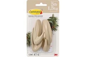 Command Medium Designer Hooks, Latte Brown, 4 Hooks, 6 Strips, Damage-Free Hanging with Adhesive, No Tools Great for Hanging Home Decor, Holds up to 1.3kg