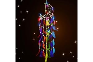 Attrape-rêves LED Disdarkday - Attrape-rêves pour enfants - Style bohème - Plume colorée - Capteur de rêves - Pour bricolage - Pour filles et enfants - Décoration murale (lune multicolore)