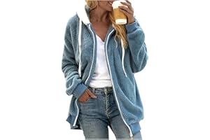 OIUHJN Winterjacke Damen Warm Damenbluse Winter Lockere Feste Farbe Kunstwolle Reißverschluss Auszugsstring Langärmeliger Kapuziner-Pulli Damen Jacken Elegant Warm Teddy-Fleece Jacke Plüschjacke