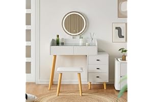 ‎CLIPOP CLIPOP Schminktisch mit Spiegel und Beleuchtung,Verstellbare Helligkeit,80-106 cm Breit,Modern Make-up Tisch mit Glasplatte,5 Schubladen und Gepolsterter Hocker,Weiß