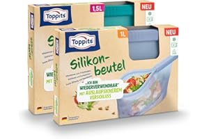 Toppits 2er Set wiederverwendbare Silikonbeutel 1L + 1,5L mit Standboden, mikrowellengeeignet, spülmaschinenfest