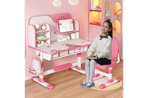 OSKOPWRC Ensemble Bureau et Chaise pour Enfants, Bureau d'étude réglable en Hauteur avec Support à Livres et tiroir, Table d'étude pour la Maison, l'école, garçons et Filles, Rose (Pink 3)