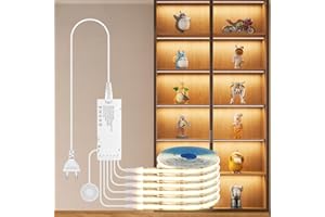 AIMENGTE Lámpara LED para debajo de los muebles, 6 x 1 m, 12 V, cortable, interruptor con sensor COB con divisor, fuente de alimentación de 60 W, luz blanca cálida, iluminación de vitrina regulable