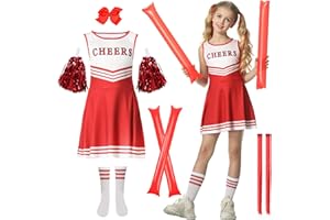 JONRRYIN Déguisement Pompom Girl, Déguisement Uniforme de Pom-pom girl, Costume Cheerleader Filles Enfant avec Pompoms, Bâtons De Joie et Chaussettes pour Halloween Carnaval Mascarade