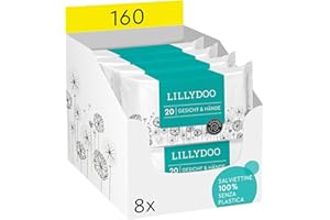 LILLYDOO Chusteczki nawilżające do twarzy i rąk, 160 sztuk (8 x 20), 100% bez plastiku