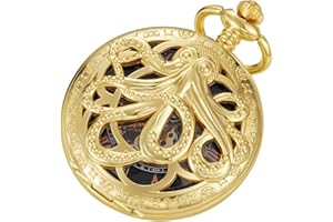 Tiong Vintage Unique Hollow Mechanical Steampunk Pocket Watch with Chain Skeleton Roman Numerals Pocket Watches for Men Gifts & Box