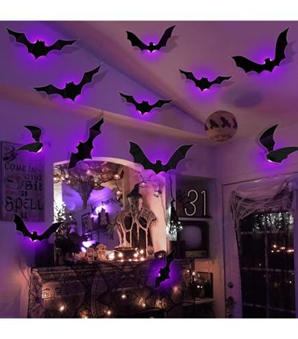 Halloween Deko - 12x 3D LED Fledermäuse Mit Klebeband Für Wand & Fenster