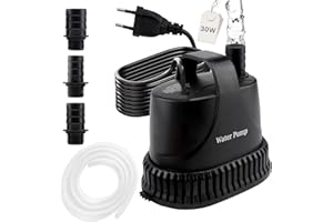 EXLECO Bomba Aguas Sucias Bomba Sumergible 2000L/H 30W 220V Bomba Achique Agua Pequeña Bomba de Fuente Exterior Bomba de Presion de Agua para Piscina Estanque Jardin, 2M Cable 1 Manguera 2 Boquillas