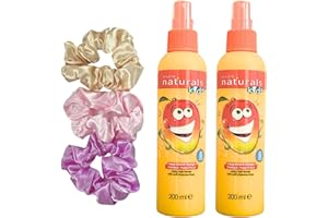 Kids Magnificent Mango Detangler Spray 2 x 200ml & 3 x Roshearry Silk Satin Hair Scrunchies Bundle - Tear-Free Formula Detangles Unruly Hair