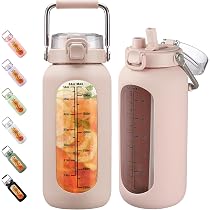 BLUEGO 960ml Glas-Trinkflasche Mit Zeitmarkierung & Strohhalm – Borosilikatglas, Spülmaschinenfest & Für Auto-Halter Geeignet