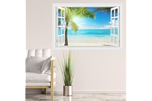 astylishome Kitchen Wall Stickers Palm and Beach Sunny View Window Sticker Blue Ocean Sea Art Decal Mural Summer Seascape Decals Removable Wallpaper Waterproof 1606
