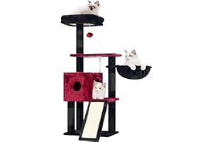 Hey-brother Drapak dla kotów, 108 cm, wielopoziomowy drapak dla kotów, z kolumnami do drapania, koszami, przestronną dziurką dla kota i wiszącą zabawką z pomponem, czerwonawo-czarny, MPJ007SBR