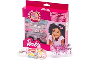 ODS - Barbie Bijoux Collection, Confezione con 5 Braccialetti con Ciondoli e Lettere Componibili, Kit Braccialetti Fai da Te Bambina, Età Consigliata +3 Anni