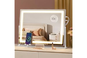 SONGMICS Miroir de Maquillage avec Éclairage, 15 Ampoules LED, Multiprise, Contrôle Tactile, 3 Températures de Lumière, Intensité Réglable, Support de Téléphone, Blanc Mat LWM002W02