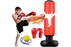 FOHIL Sac de Frappe Enfant, 160cm Sac de Boxe avec Gants et Pompe, Gonflable Punching Ball Enfants pour Taekwondo Karaté, 3-12 Ans Cadeaux pour GarçOns et Filles Set de Boxe pour Bureau,Gym