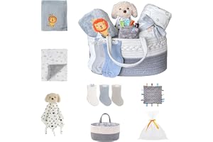 CREVENT Set för nyfödda – blöjkorg med 2 filtar, 1 dagie, 1 Lovey, 3 strumpor, 1 presentpåse med rosett – välkommen essential presentset (neutral)