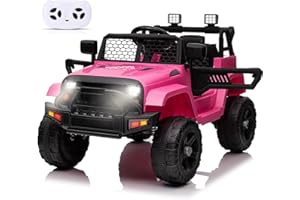 CUPCHID 12V Coche electrico para niños,Control Remoto para Padres,Dos Motores de 35 W,Velocidad máxima de 5,2 km/h,Reproductor de música,suspensión en Las 4 Ruedas,Luces LED,cinturón de Seguridad (Rosa)