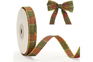 G2PLUS Nastro a quadri rosso e verde, 10 mm sottile con bordo dorato, 22 m, decorazioni Natale