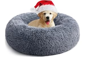 YOJOGEE Calming Donut Dog Bed for Medium Small Dogs Cats, Fluffy Anti AnXiety Dog Beds Washable Puppy Bed Non-Slip Plush Cuddler Warming Round FauX Fur Pet Bed,Dark Grey,60*60cm