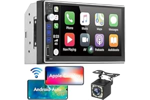 HUUIMY Radio Coche de Doble DIN con Apple CarPlay inalámbrico y Android Auto - Estéreo de automóvil con Pantalla táctil de 7", cámara de Respaldo de 12 LED, Mirror Link, USB/AUX/TF/FM