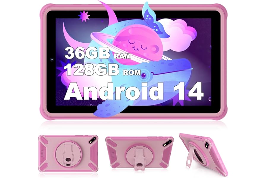 DEEMWOLF 7 inch Kids Tablet Android 14,36GB (12+24) + 128GB/1TB TF child tablet,WIFI6/BT5.0,8000mAh,Eye Protection Children's, Parental Control Mode,Education Tablets(Pink)