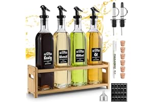 FNLLC Bottiglia d'olio con supporto in legno 500ml,bottiglie di vetro 4pcs,dispenser di olio d'oliva con imbuto,set di bottiglie di aceto e olio, con etichetta,tappo di sughero,per liquori e aceti