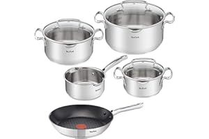Tefal Duetto Plus Set di 8 pentole a induzione + coperchio in vetro con funzione colino, padella da 28 cm, in acciaio INOX lucido di alta qualità, casseruola