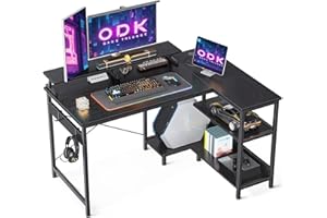 ODK Escritorio Gaming, Mesa Gaming Escritorio 120x80x88cm con Estantes Reversibles,Escritorio en Forma de L de Ordenador con Soporte de Pantalla para la Oficina, Negro