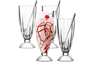 binsakao Lot de 4 verres à milkshake avec 6 longues cuillères en métal, verres à soda à l'ancienne, verre classique pour crème glacée, transparent, 355 ml