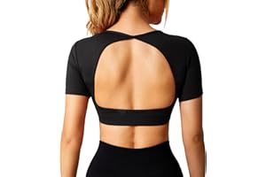 ZAAYO Camiseta deportiva para mujer, sin espalda, manga corta, con soporte para recortar, camiseta de punto de fitness y estiramiento