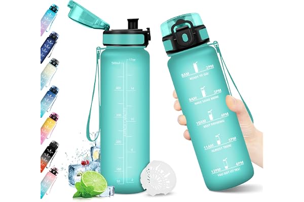 Gourde Sport 500ml, Gourde sans BPA, Bouteille Réutilisable, Gourde avec Filtre et Marqueur de Temps, Bouteille Sport Étanche, Bouteille d'eau pour Enfant, Bureau, Fitness, Randonnée, Yoga, Camping