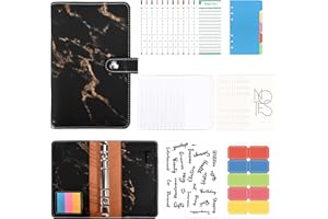 NAKIYO Budget Binder A6, PU Leather Money Saving Wallet Budget Planner, Ring Binders with Zippered Cash Envelopes Refillable Month Plans Sheets Portable Budget Planner Office Travel Diary-Marble Black