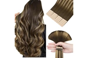 HOTBANANA Extension Capelli Veri Biadesivo, Balayage Marrone Cioccolato a Biondo Caramello Extension Biadesive Capelli Veri Lisci 35cm 20pcs Remy Tape in Hair Extensions 50g