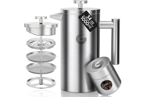 Coffee Gator Cafetière À Piston 1 Litre, En Acier Inoxydable 304, Double Paroi Isolée, Filtration 4 Niveaux, Avec boîte à Café, Portable Pour Café ou Thé Chaud et Froid, Cuisine, Camping