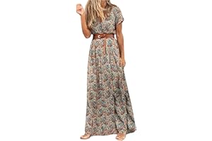 Zhsxertwy Boho Dresses for Women UK Clearance V Neck Short Sleeve Ladies Casual Long Beach Sundress with Belt Bohemian Floral High Waist Split Summer Maxi Dress Elegant