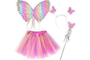 AUYAO Zestaw kostiumów dla dzieci, skrzydła motyla, fantazyjne przebranie, skrzydła, peleryna dla dzieci, kostium wróżki księżniczki, zestaw kostiumowy ze spódnicą tutu, dziewczęce przebranie motyla