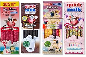 THE GREAT BRITISH KITCHEN Quick Milk Magic Sipper Straws Pack of 4 Assorted Flavours - Strawberry Milk Straws, Chocolate Straws, Unicorn Banana and Forest Fruit and Birthday Cake Quick Milk Straws 13pk Each by TGBK