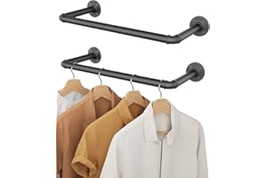 OROPY Industrial Pipe Clothes Bar Rack, Set of 2, 49cm Wall Mounted Detachable Retro Metal Garment Hanging Storage Rail (Double Base)