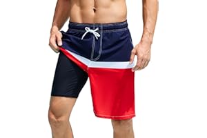 Arcweg Mens Swimming Shorts Long Swimming Trunks with Compression Liner 2 in 1 Swim Trunks with Zipper Pockets Quick Dry Men's Swim Shorts Double Layer