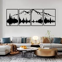 Décoration Murale Métal Forêt Montagne - Set 4 Pièces Noir - Art Mural Moderne Salon