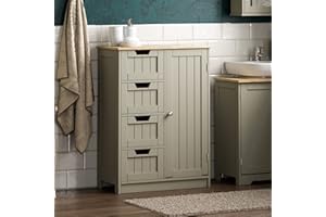 Bath Vida Szafka łazienkowa z 4 szufladami, drewniana szafka do przechowywania z 1 drzwiami, półka z regulacją wysokości (szara i dębowa)