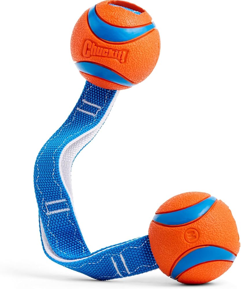 Chuckit! Ultra Duo Tug 2'li Köpek Çekiştirme Topu (Orta Boy) | Dayanıklı Naylon Kordon Sapında İki Ultra Top Savaş ve Çekme Oyunu; Irklar için Üretildi 20-60 lbs, Turuncu ve Mavi