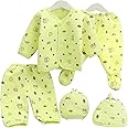 GURU KRIPA New Born Baby Winter Wear Keep Warm Cartoon Printed Clothes Cotton Boys Girls Unisex Fleece/Falalen Suit Infant 5 Pcs Sets Yellow For 0-3 Months