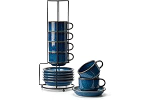 HOME DECOR Zestaw filiżanek do espresso, proces reaktywnej glazury, 6 filiżanek do kawy ze spodkiem i podstawką, eleganckie ceramiczne kubki do espresso, espresso i latte, reaktywna glazura