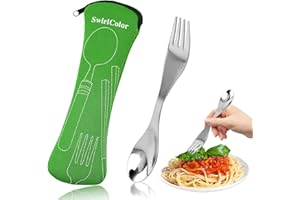 SwirlColor Spork Couvert Camping, Réutilisable Spork en Acier Inoxydable Portable Fourchette Cuillere 2 en 1 Outdoor Pique Nique Sac de Couverts pour Voyage (Vert)