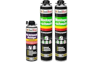 Isolbau Bauschaum-Set - Inkl. 2 x 1K Montageschaum B2 Pistolenschaum mit hervorragender Schall und Wärmedämmung (je 750 ml) & 1 x PU-Schaum-Reiniger (500 ml), Dämmen