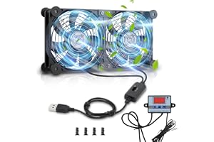 ELUTENG 2-i-1 USB-fläkt, 120 mm, 5 V, dubbel USB-fläkt med 3 hastigheter, 12 cm PC-fläkt med 8 dämpningsfötter och digital temperaturregulator för PS5, PS4, bärbar dator, TV-box, router