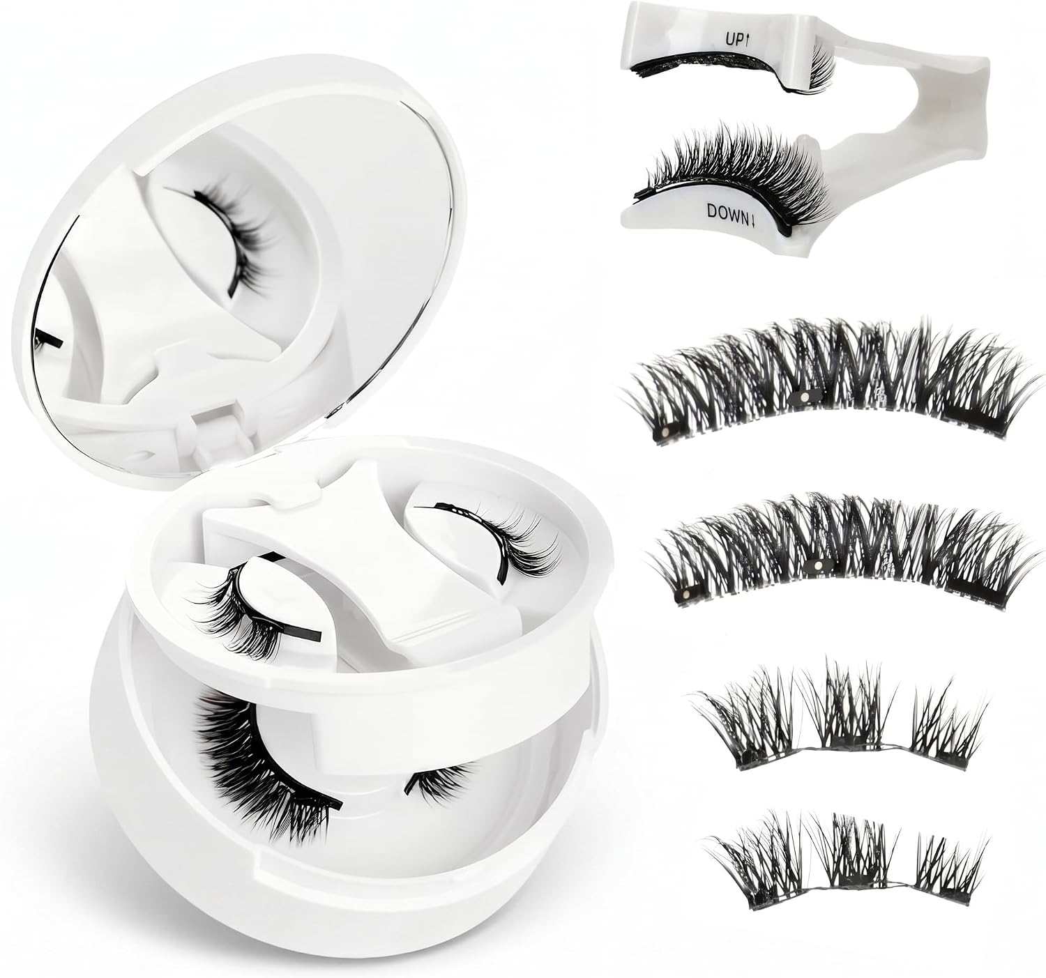 Set de 2 Pares de Pestañas Postizas Magneticas sin Eyeliner - Sin Pegamento con 3 Imanes y Punto Plateado para Distinguir - Aspecto Natural 3D, Reutilizables - Incluye Aplicador y Estuche con Espejo