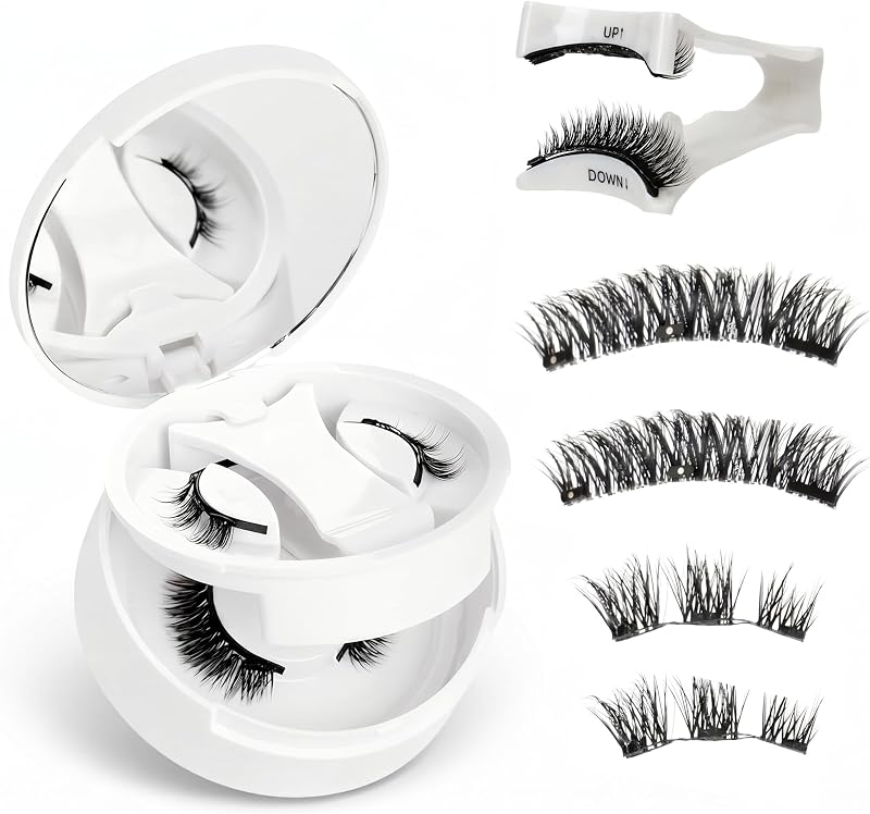 Set de 2 Pares de Pestañas Postizas Magneticas sin Eyeliner - Sin Pegamento con 3 Imanes y Punto Plateado para Distinguir - Aspecto Natural 3D, Reutilizables - Incluye Aplicador y Estuche con Espejo